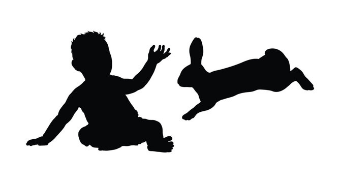 A baby toddler playing with jumping rabbit black silhouette vector illustration graphic.