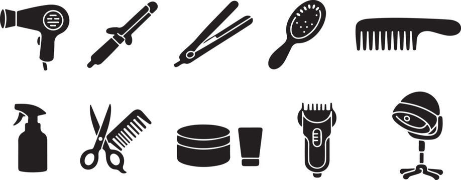 Black vector graphic illustration of various hairstyling tools and equipment for salon use