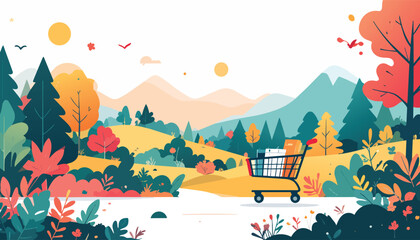 Shopping cart in a natural mountain forest landscape representing sustainable e-commerce and organic delivery © Anik