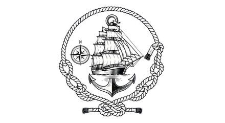 Nautical Emblem: Vintage Sailing Ship, Anchor, Compass, and Rope Circle © Danang