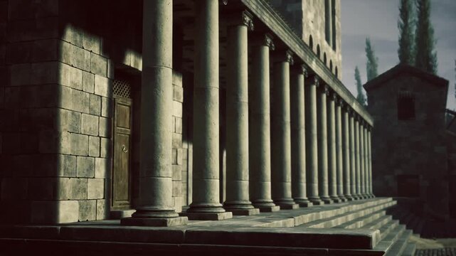 Moody Antioch colonnade in low light with strong contrast and long shadows, textured facade and broad steps create cinematic solemnity, evocative composition