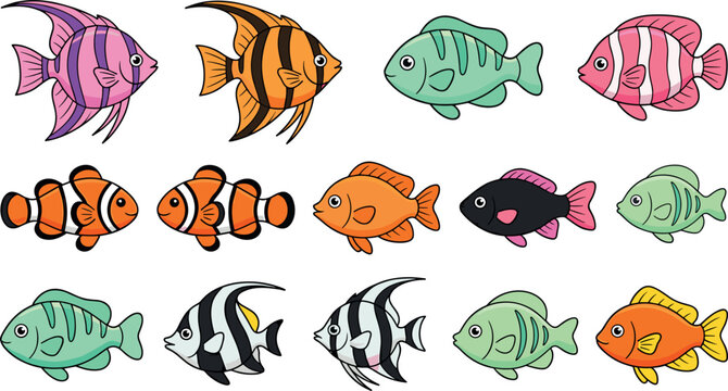 A vibrant collection of fourteen colorful cartoon fish illustrations featuring various tropical reef species like clownfish and angelfish with playful patterns isolated on white.