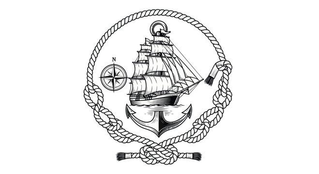 Nautical Emblem: Vintage Sailing Ship, Anchor, Compass, and Rope Circle