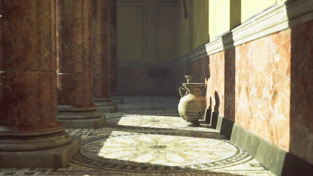 Morning light corridor with amphora and soft highlights, elongated column shadows crossing pebble floor, weathered plaster and subtle patina on walls, intimate