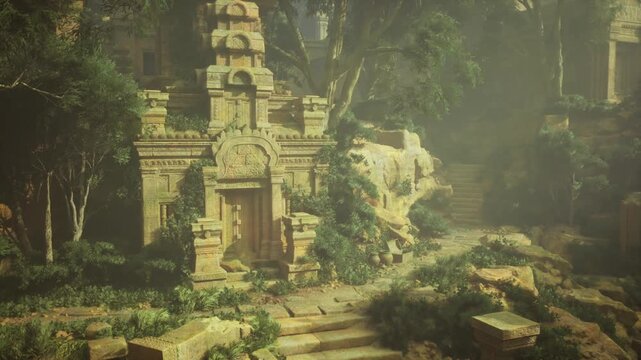 Temple facade framed by thick vegetation, ornate stonework and weathered blocks, mossfilled crevices and small pathway leading inward, hazy background