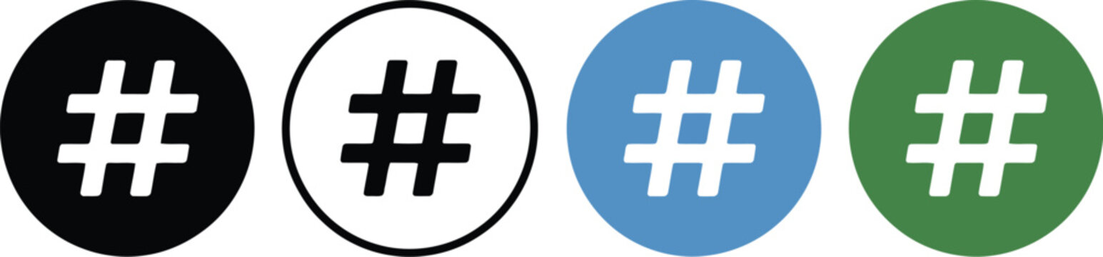 Hashtag symbol icon set, flat design vector illustration of hashtag signs for social media tagging trending topics and digital communication graphics.