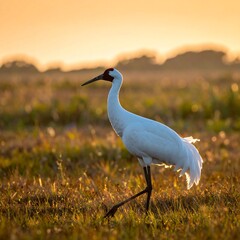 Fototapeta premium Tall white bird with red head struts across a field during golden hour