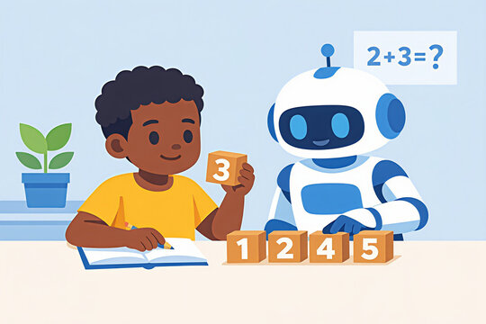 Child studying maths with a cute robot, BIPOC, black boy, AI in personalized education, future classroom, personal feedback, cartoon
