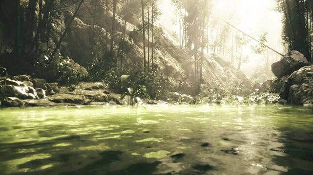 Sunlit tropical pond with lily pads, rocky banks and dense canopy, golden light filtering through mist, calm reflective water dotted with floating leaves,