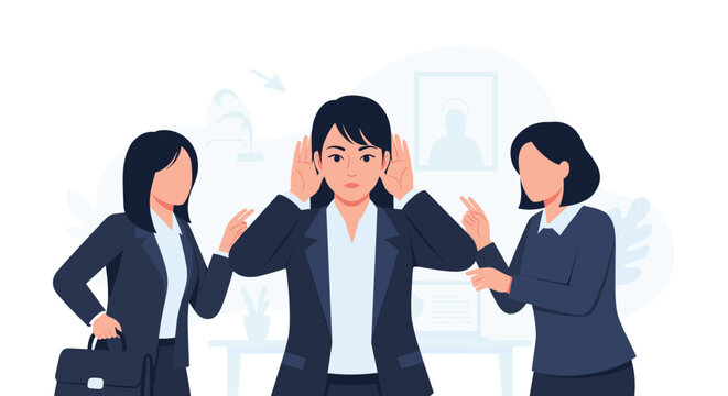 Office worker covering her ears while colleagues gossip and point fingers illustrates workplace harassment, rumors, and privacy concerns for HR.