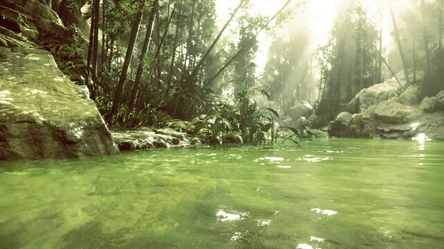 Sunlit green forest pool morning light, mosscovered rocks framing calm shallow water, gentle ripples, soft sunbeams filtering through dense foliage, cinematic