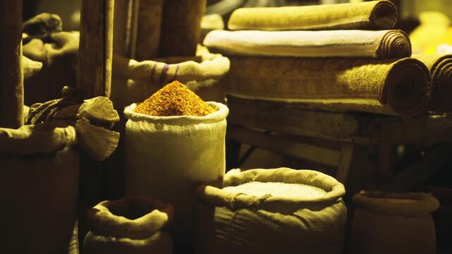 Artisan spice inventory in warm light, rows of tied sacks and open containers reveal golden powders and pulses, handcrafted market stock with cozy ambient glow