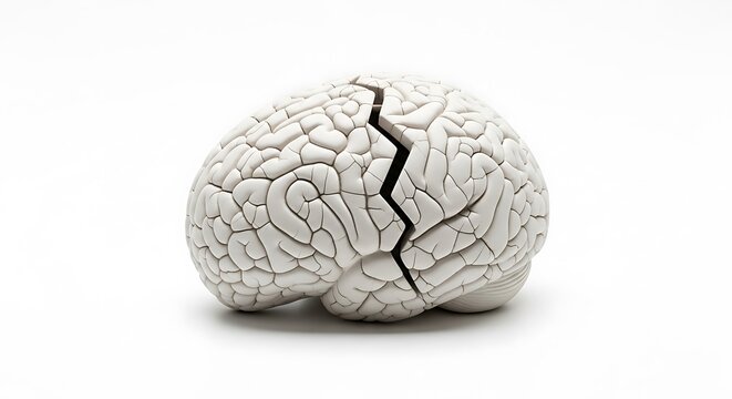 Cracked white brain sculpture on white background
