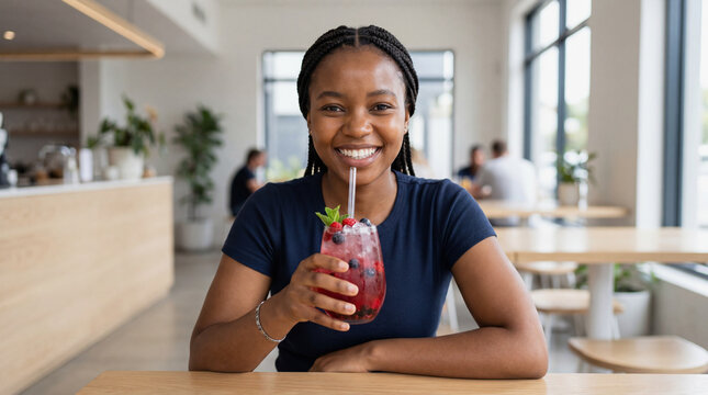 Smiling young woman drinking iced berry mocktail in bright modern cafe for lifestyle banner and social media content