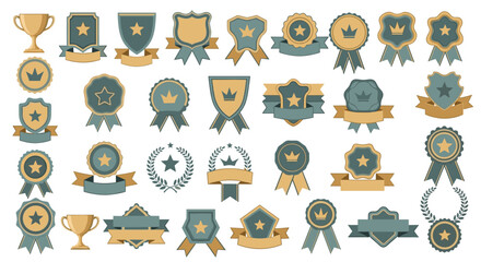 Fototapeta premium Extensive collection of diverse award badges, medals, and trophies in shades of gold and teal with various motifs.