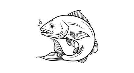 Fototapeta premium Detailed black and white line art drawing of a fish swimming with bubbles ideal for a nature themed coloring book.