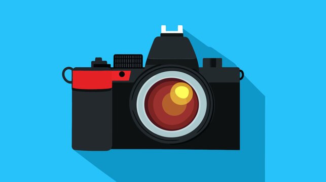 A simple, digital camera illustration with a long shadow against a bright, teal background