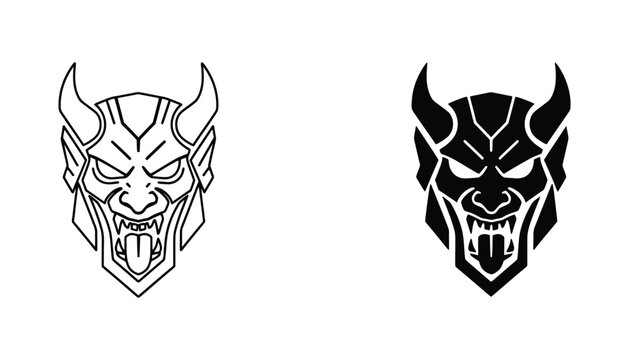 Japanese oni mask demon icon with sharp fangs and horns in outline and solid black vector for fantasy character design