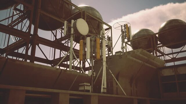 Communication antenna on industrial platform, weathered metal masts with coaxial cables, satellite dish and signal gear bathed in warm light, maintenance access