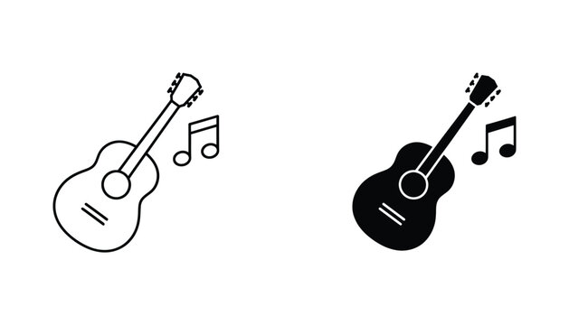 Acoustic guitar musical instrument icon with musical notes in outline and solid black silhouette styles for music education