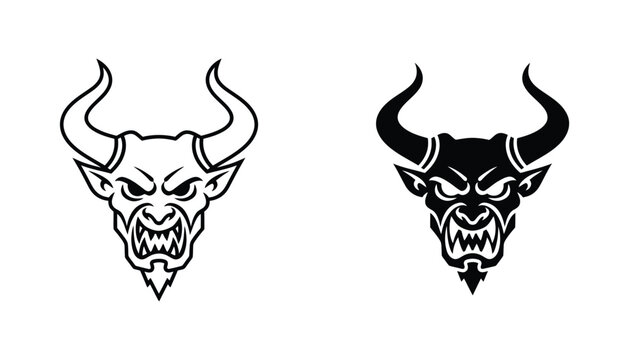 Aggressive demon head mascot logo design with sharp horns and sharp teeth in outline and solid black silhouette styles