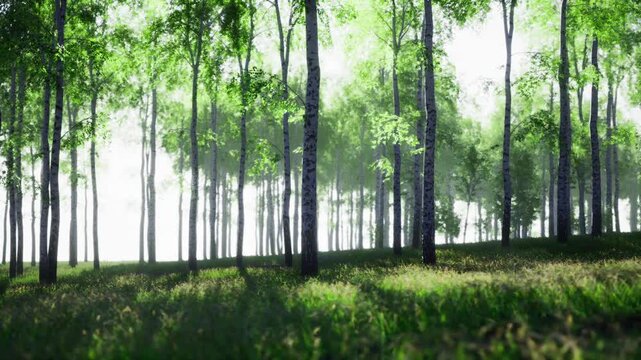 Sun dappled birch grove invites forest bathing with scattered light and soft grass underfoot. Calming wellness scene ideal for lifestyle, mental health,