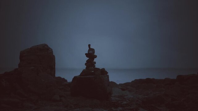 Intimate twilight portrait capturing textured cairn perched on coastal rocks, close framing and grainy tone emphasize tactile detail and quiet mood.
