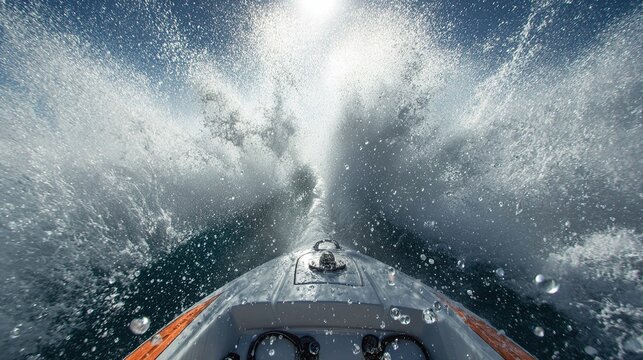 hydroplane. Bow of a speedboat planing high above water, creating spray. mobility guides, transit brochures, logistics one-pagers, designed for transport & logistics marketing, used by researchers.