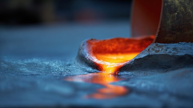 hardening. Macro detail of glowing molten metal solidifying on a textured dark metallic surface. safety posters, maintenance manuals, designed for precision metalworking and fabrication facilities.