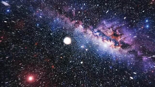 Flying through a starfield in outer space towards a bright galaxy