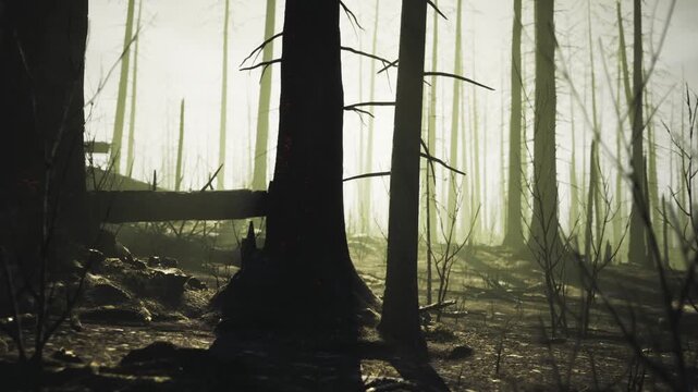 Firefighter watches glowing embers. Cracked bark reveals hot glowing residues. Monitoring flaming tree sections for potential further spread