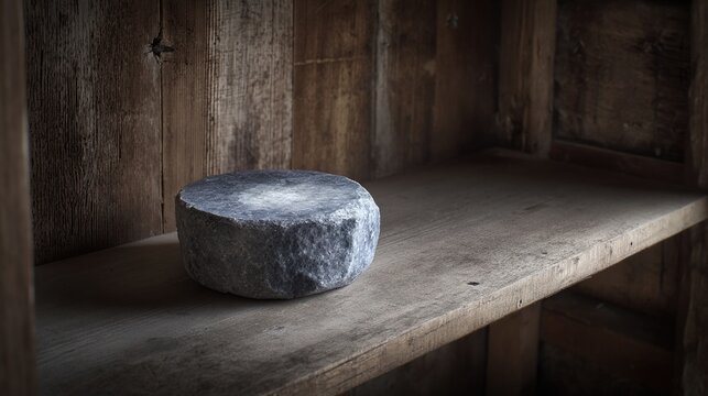 shikara. Ancient stone grindstone on a wooden shelf with fine grinding marks. safety posters, maintenance manuals, designed for precision metalworking and fabrication facilities, improves efficiency.