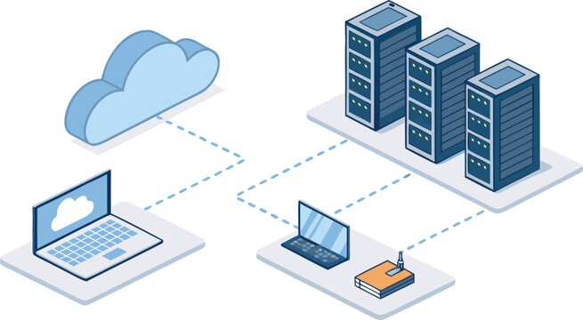 Isometric cloud computing network with servers and laptops connected to data center