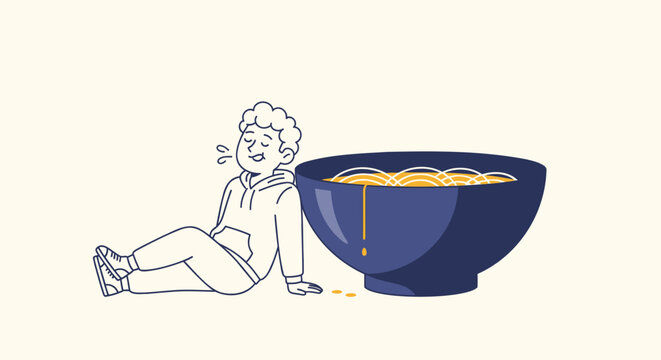 Spaghetti, pasta bowl, hungry person, food craving, vector illustration