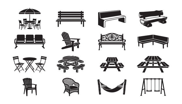 Set of stylish black and white vector icons showing various outdoor seating and dining furniture for parks and gardens
