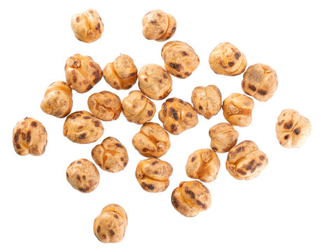 Roasted chickpea isolated on white background. Handful of crunchy roasted chickpeas snack. Clipping path. Top view.