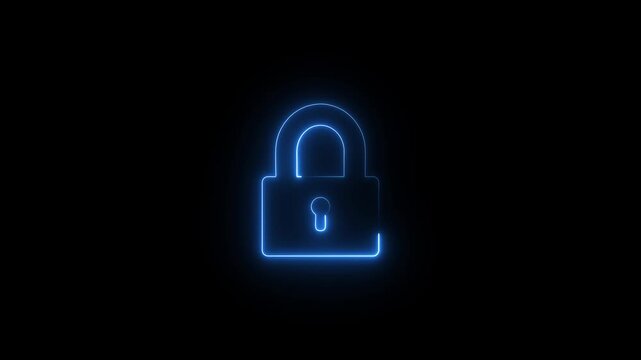 Glowing Blue Lock on Black Background Secure Safety Concept with Neon Outline neon lock security concept