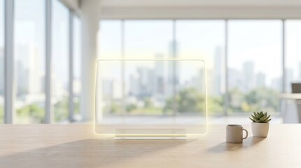 Fototapeta premium Modern minimal workspace mockup with blank transparent digital display tablet 