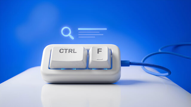 Close-up of keyboard keys with Ctrl and F buttons, symbol search on display