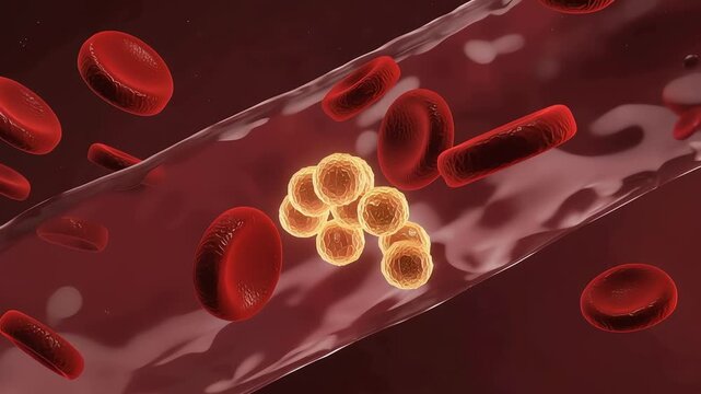 Glucose particles floating among red blood cells,
subtle glowing sugar particles interacting with cells
