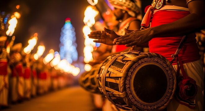 Traditional drummer performing during a night street procession in Sri Lanka