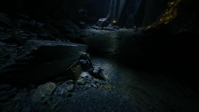 Dark rocky floor in deep cavern, faint row of warm lights along far wall, scattered boulders and shallow pools, moody exploration vibe, rugged textures