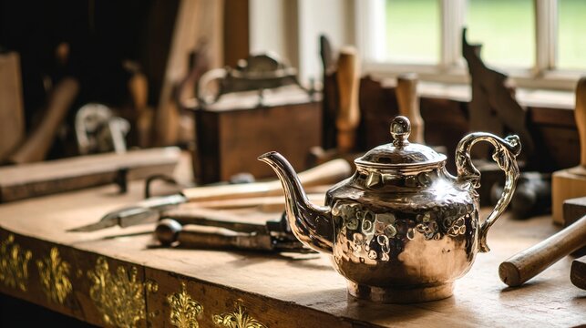 unfinished. An unfinished silver teapot with hammered texture resting on a gilded workbench. safety posters, maintenance manuals, designed for industrial assembly lines and welding operations.