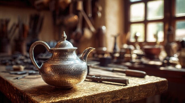 unfinished. An unfinished silver teapot with hammered texture resting on a gilded workbench. safety posters, maintenance manuals, designed for industrial assembly lines and welding operations.