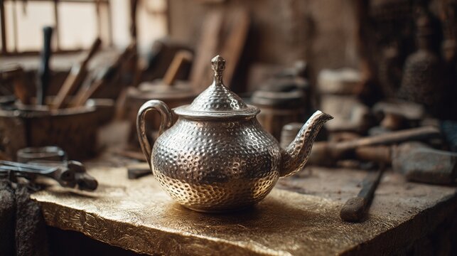 unfinished. An unfinished silver teapot with hammered texture resting on a gilded workbench. safety posters, maintenance manuals, designed for industrial assembly lines and welding operations.