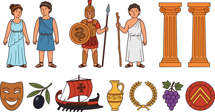 Comprehensive collection of ancient Greek culture illustrations featuring citizens, a spartan warrior, philosopher, trireme ship, architecture, and traditional symbols isolated on a white background.