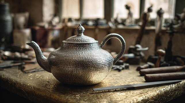unfinished. An unfinished silver teapot with hammered texture resting on a gilded workbench. safety posters, maintenance manuals, designed for industrial assembly lines and welding operations.