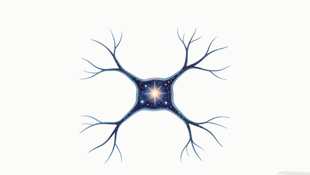 Ethereal Minimalist Illustration of a Starry Multipolar Neuron with Glowing Golden Cosmic Core on Plain White Background