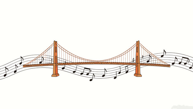Hand-Drawn Surreal Conceptual Illustration of an Orange Suspension Bridge Merged With Wavy Musical Staff Lines, Forming a Clever Music-Bridge Themed Visual Pun on Plain Off-White Background