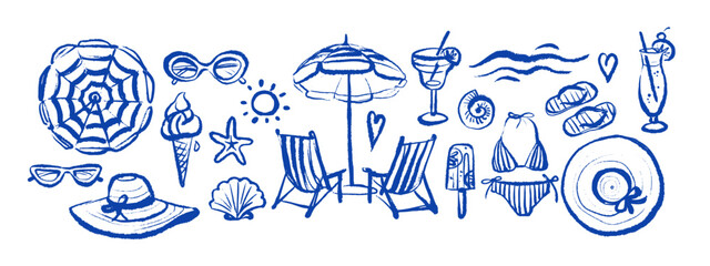 Hand drawn blue crayon tropical set. Dolce vita summer vibe. Vintage Italy Mediterranean coastal vacation poster. Vector sketch isolated illustration © pim